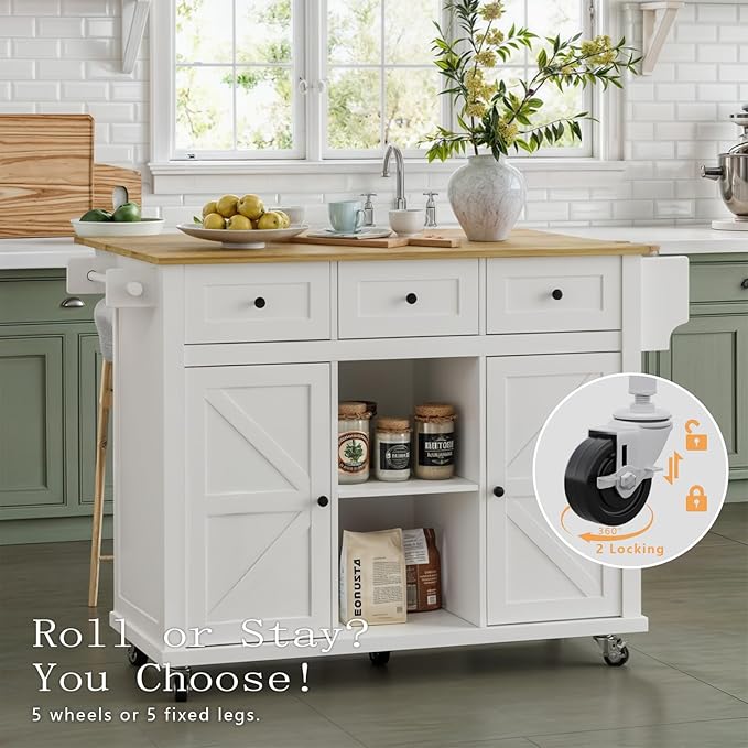 Rolling Kitchen Island Cart with Drop Leaf, Large Kitchen Island on Wheels with Storage and 3 Drawers, Mobile Island for Kitchen with Rubber Wood Countertop, Towel Rack (White, X-Large)