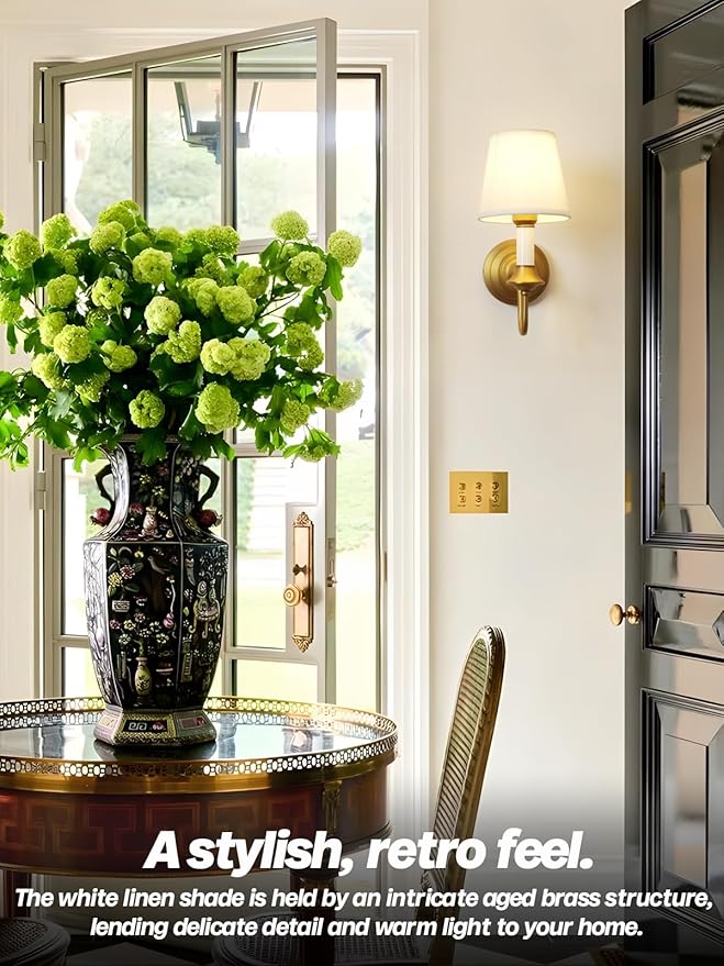 Vintage Fabric Wall Sconce Light with Curved Arm, Rustic Linen Cloth Wall Light Fixtures, Hardwired Brass Wall Mounted Lamp for Bathroom Vanity Bedroom Living Room