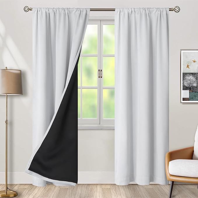 BGment Greyish White 100% Blackout Curtains for Bedroom, 84 inch Panels Black Out Rod Pocket and Back Tab Double Layer Room Darkening Living Room Drapes with Thermal Liner, 2 Panels,38 x 84 Inch