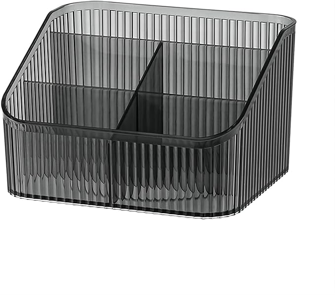 DASITON Large Capacity Makeup Brush Holder,5 Slot Makeup Brush Cup,Vintage striped Make Up Brush Holder,for Vanity Decor,Bathroom Countertops,Desk Storage Container,Cosmetic Display cases(Black-L)