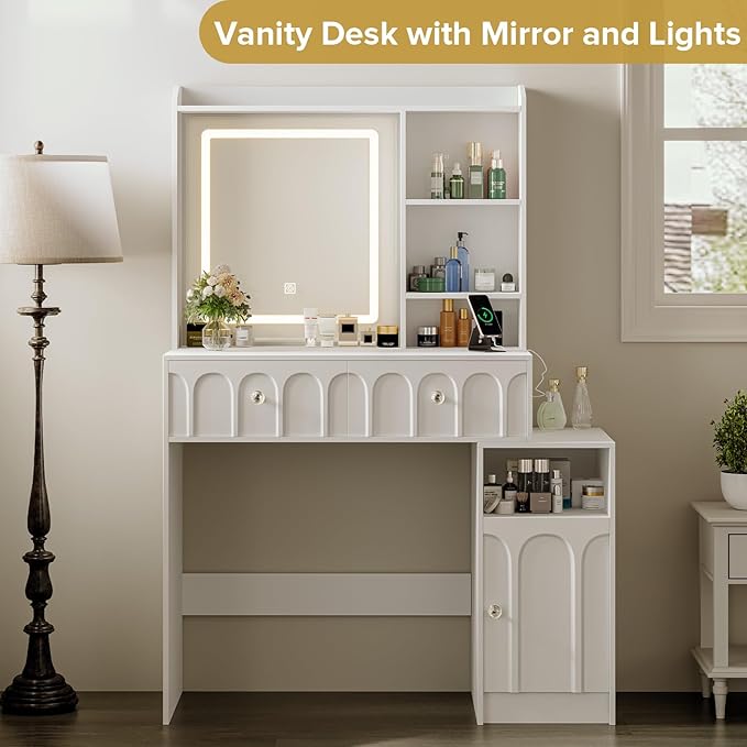 Vanity Desk with Mirror and Lights, Makeup Desk with 2 Drawers & Adjustable Shelves, Dressing Table with Charging Station for Bedroom. 3 Adjustable Light Modes