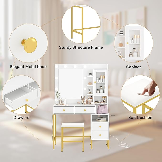 39" W Vanity Desk with Mirror, Makeup Vanity Set with Power Outlet and Comfortable Bench, Big Dressing Table with Lights Mirror and Drawers for Makeup, Modern Vanity for Bedroom White