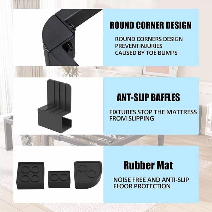 FUIOBYVV 14 Inch Full Bed Frame with Rounded Corner and Headboard Hole Mattress Retainers 3500 LBS Metal Heavy Duty Steel Slats Support No Box Spring Needed Platform Noise Free Easy Assembly