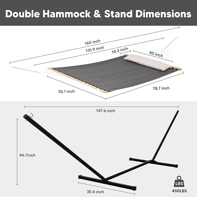 SUNCREAT Hammocks for Outside with Stand, Extra Large Double Hammocks 2 Person Heavy Duty, 450 lbs Capacity, Dark Gray