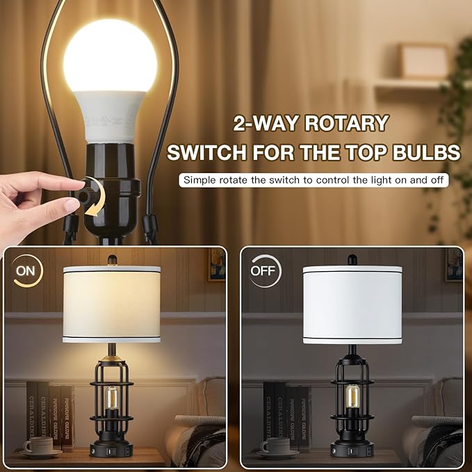 Modern Table Lamps, Industrial 3-Way Dimmable Bedside Lamp with USB A+C Ports & AC Outlet, Touch Control Rustic Nightstand Lamp LED Night Light for Living Room Bedroom Decor Home(4 Bulbs Included)