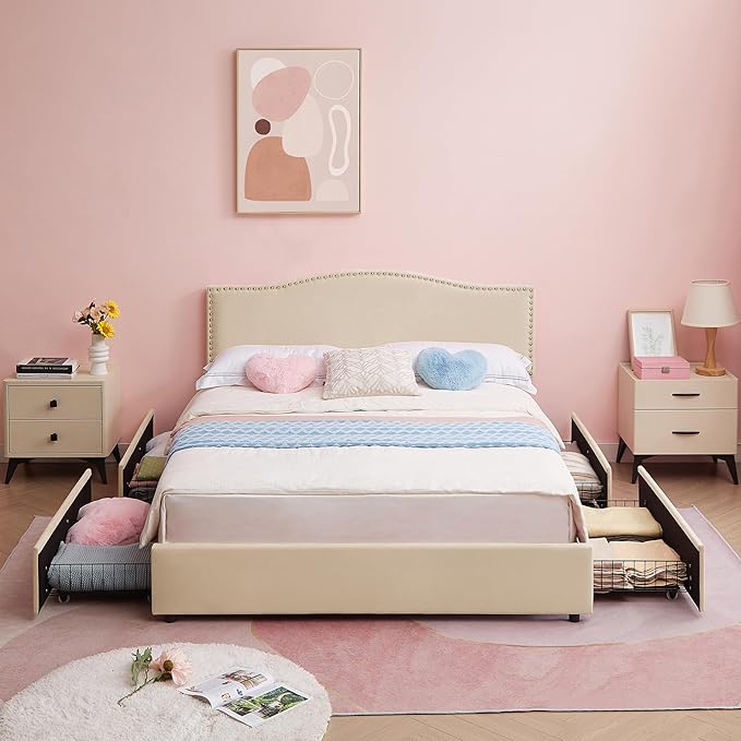 VECELO Queen Bed Frame, Platform Bed Frame with Underbed Storage Drawers and Adjustable Height Upholstered Headboard, Heavy-Duty Frame and Strong Wooden Slats Support, Noise-Free, Easy Assembly, Beige