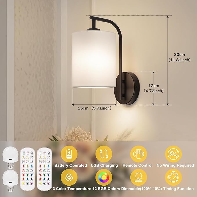Battery Operated Wall Sconce Set of 2, Black Rechargeable Dimmable Wall Light Fixture Remote, 12 RGB Colors & Timer, Wireless Lamp White Shade