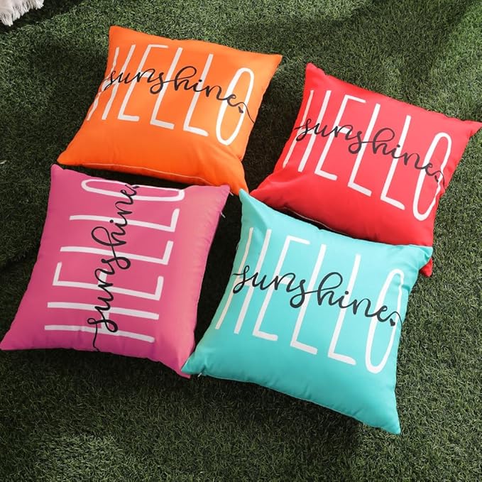 DFXSZ Outdoor Pillow Covers 16x16 Inch Set of 2 Hello Sunshine Decor Hot Pink Waterproof Throw Pillow Covers Summer Outdoor Waterproof Pillow Covers Decor for Patio Funiture Garden Sofa Couch 020H16