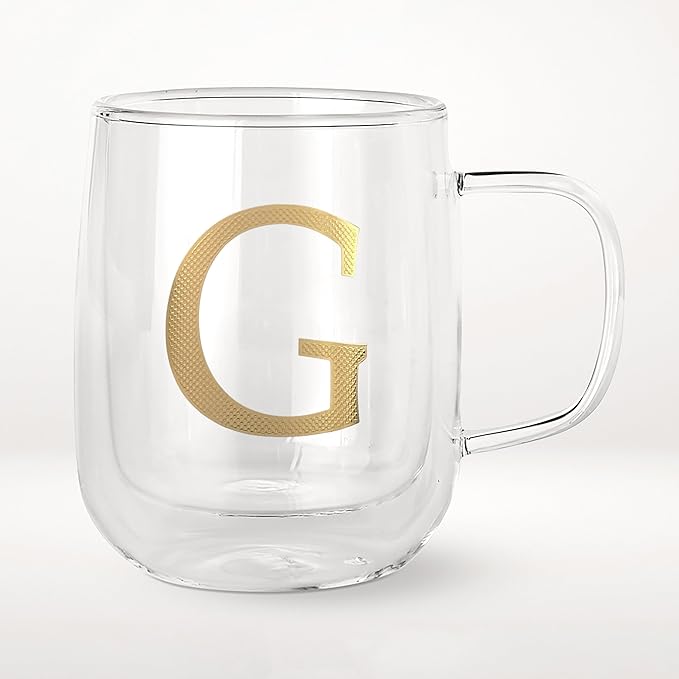 COLLECTIVE HOME - Double Walled Glass Coffee Mugs, Insulated Coffee Mug with Handle, Personalized Gifts for Women, Men, Christmas, 14 oz Monogram Cups (G)