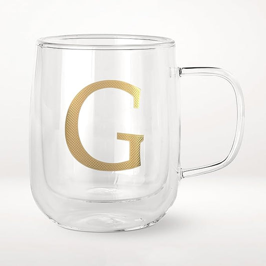 COLLECTIVE HOME - Double Walled Glass Coffee Mugs, Insulated Coffee Mug with Handle, Personalized Gifts for Women, Men, Christmas, 14 oz Monogram Cups (G)