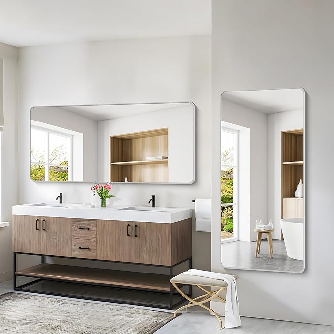 30x60 Inch Silver Bathroom Mirror, Large Rectangular Vanity Mirror, Metal Framed Rectangle Mirror, Rounded Corner Wall Mounted Mirrors for Living Room Bedroom Entryway Horizontal or Vertical