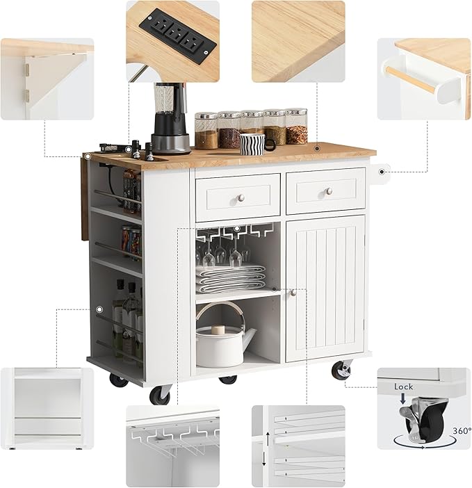 Rolling Mobile Kitchen Island Cart Cabinet with Door, 2 Drawers, Open Storage Shelves and Wine Rack for Dining Room