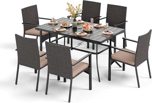 PHI VILLA 7 Piece Patio Dining Set for 6, 60” Rectangular Wrought Iron Dining Table with Umbrella Hole & Rattan Wicker Chairs with Beige Cushions for Outdoor Deck, Yard, Porch