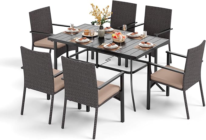 PHI VILLA 7 Piece Patio Dining Set for 6, 60” Rectangular Wrought Iron Dining Table with Umbrella Hole & Rattan Wicker Chairs with Beige Cushions for Outdoor Deck, Yard, Porch