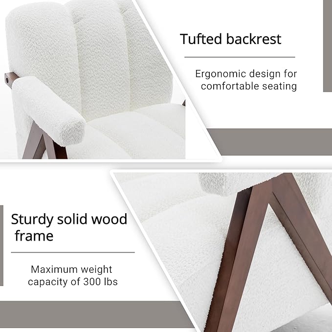 Mid Century Modern Accent Chair with Solid Wood Frame, Boucle Upholstered Living Room Chairs with Thick Cushion, Comfy Tufted Arm Chair for Bedroom, Ivory