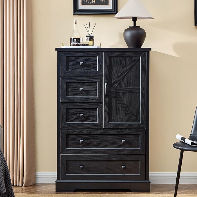 LIDYUK 5 Drawer Black Dresser for Bedroom Farmhouse Dresser Chest of Drawers, 48" Tall Clothes Organizer with Storage Cabinet Wood Chest of Drawers for Bedroom, Living Room