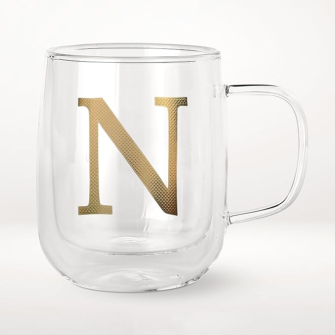 COLLECTIVE HOME - Double Walled Glass Coffee Mugs, Insulated Coffee Mug with Handle, Personalized Gifts for Women, Men, Christmas, 14 oz Monogram Cups (N)