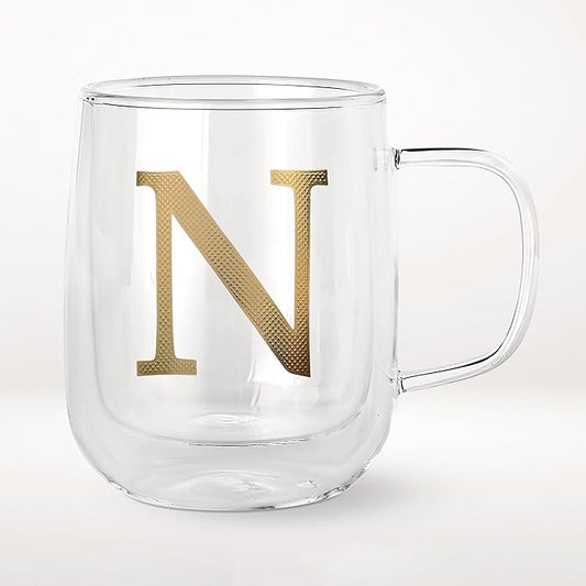 COLLECTIVE HOME - Double Walled Glass Coffee Mugs, Insulated Coffee Mug with Handle, Personalized Gifts for Women, Men, Christmas, 14 oz Monogram Cups (N)