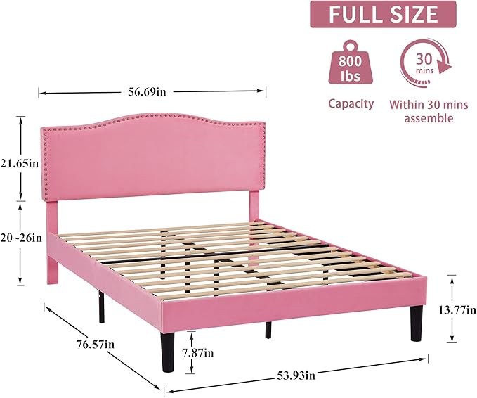 VECELO Full Bed Frame, Platform Bed Frame with Adjustable Height Upholstered Headboard, Heavy-Duty Frame and Strong Wooden Slats Support, Non-Slip and Noise-Free, Easy Assembly, Pink