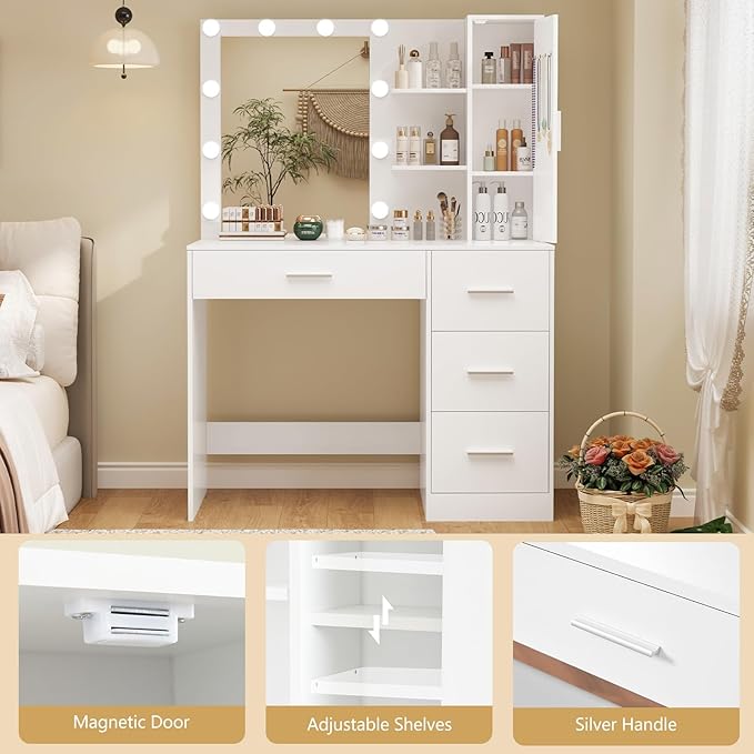 usikey Makeup Vanity with Lights, Vanity Desk with Mirror and 10 LED Lights, Vanity Table Set with 4 Drawers, Cabinet & 4 Necklace Hooks, Dressing Table for Bedroom, White