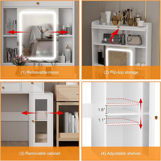ARTETHYS Small Vanity Desk with Sliding Mirror and Lights White Makeup Vanities Set with Drawers Compact Dressing Table with Cabinet and Adjustable Shelves for Bedroom