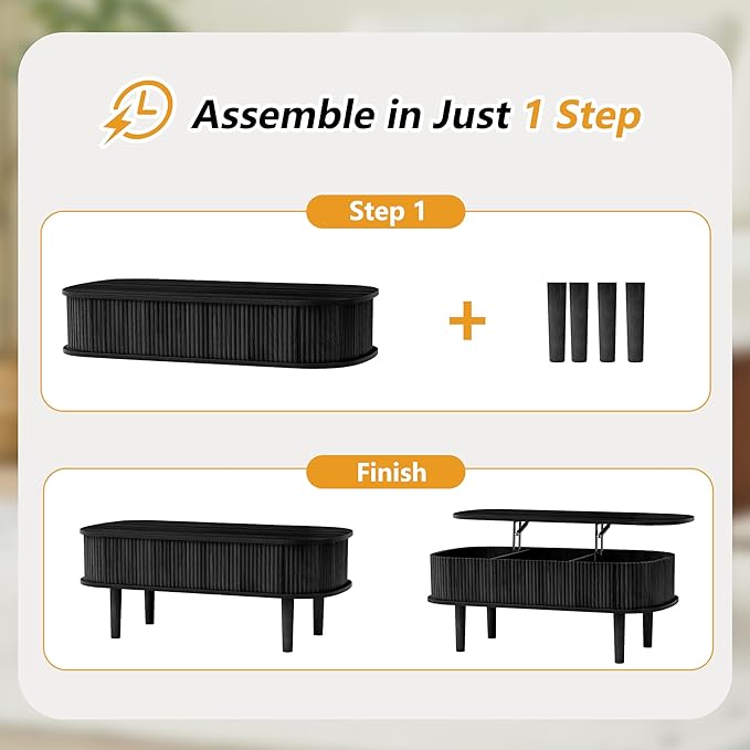 Fluted Lift Top Coffee Table with Hidden Compartment, Fully Assembled Wooden Center Table, Modern Oval Lift Tabletop for Home Living Room Office, Black