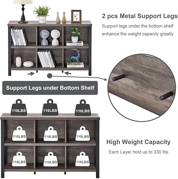 FATORRI Rustic 6 Cube Storage Organizer with Shelf, Wood and Metal Cubby Bookcase, Industrial Horizontal Bookshelf for Living Room, Home Office (Walnut Brown, 47 Inch)