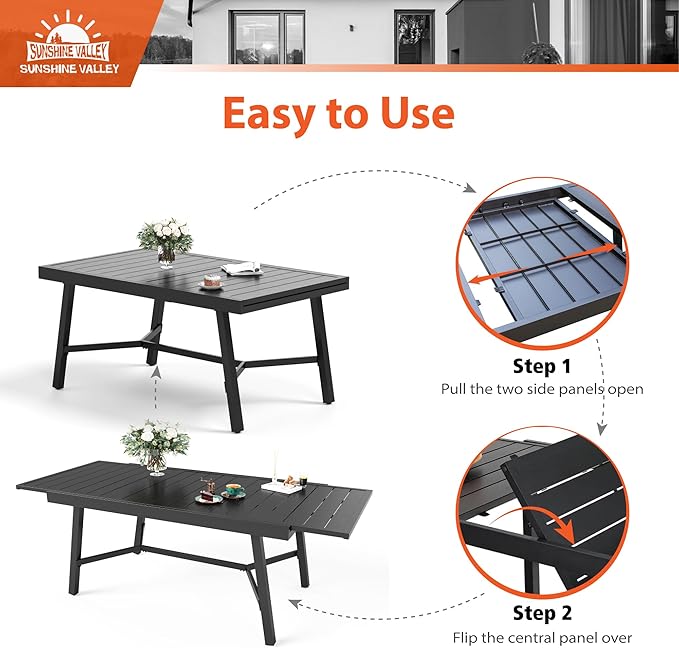7 Piece Outdoor Dining Set for 6, 61.4"x37.4"x29.5" Rectangular Extendable Dining Table and 6 Textilene Patio Dining Chairs Outdoor Table and Chairs for Patio Lawn Garden Deck Backyard