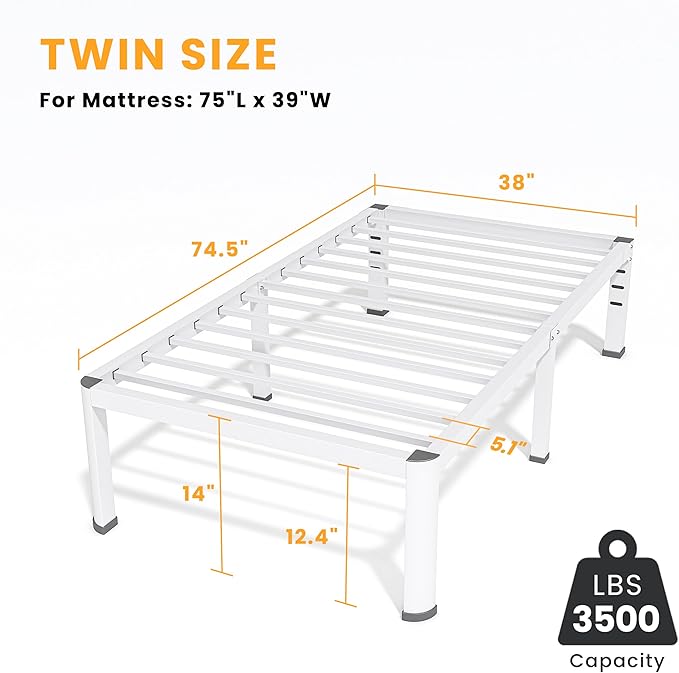 14 Inch Twin Bed Frame, Metal Platform Bed Frame with Round Corner Legs, 3500 lbs Heavy Duty Steel Slats Support, No Box Spring Needed, Noise Free, Easy Assembly, White