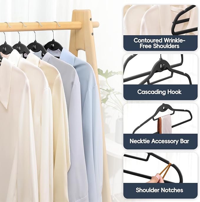 Velvet Stackable Hangers 50 Pack Black, Non Slip Space Saving Felt Hanger with Cascading Hooks, Ultra Thin and 360° Swivel Hook, Heavy Duty for Suit Shirt Pant