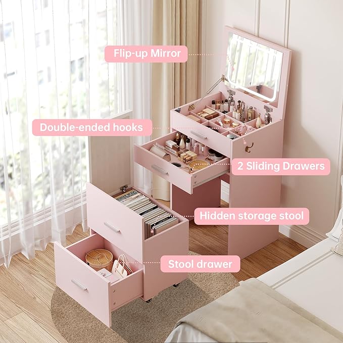 Compact Vanity with 3 Drawers, 3 in 1 Vanity Desk, Makeup Desk with Flip-up 3 Colors Lighting Mirror and Cushioned Stool, Small Vanities Nightstand Perfect for Bedroom, Pink