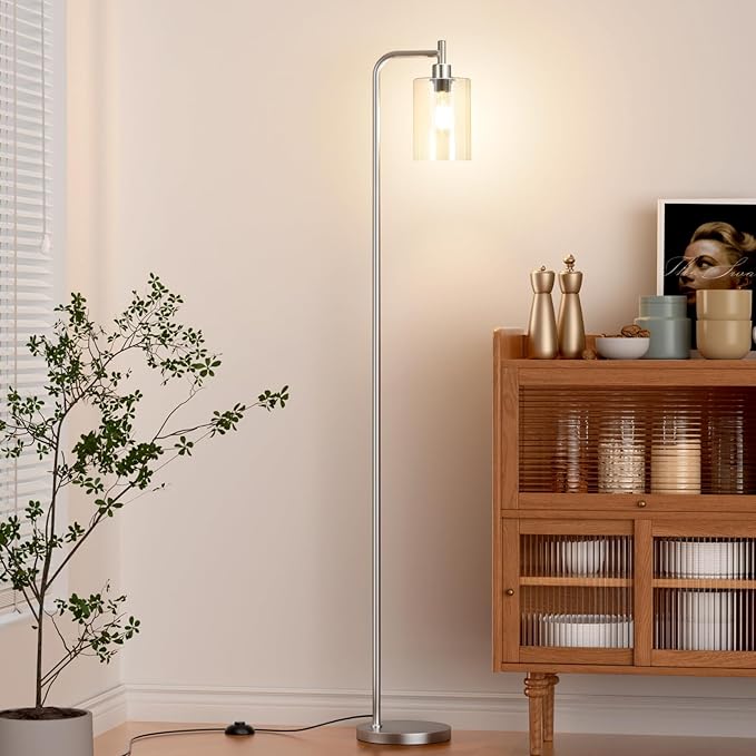 Floor Lamps for Living Room - Industrial Standing Lamp with Glass Shade, Modern Floor Lamp with LED Bulbs, Tall Lamp for Bedroom Office - Brushed Nickel