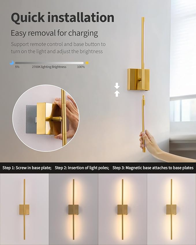 KDG Cordless Wall Sconces with Remote Control, Wireless 7000mAh Rechargeable Battery Operated LED Wall Lamps, 360° Rotate Lightings for Wall Painting, Bedroom, Hallway, Night Light 23.6 inch (Gold)