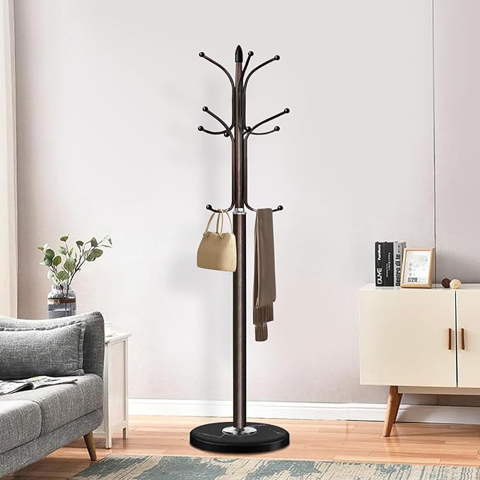 Metal Coat Rack Stand with Natural Marble Base, Coat Rack Freestanding, Free Standing Hall Tree with 12 Hooks for Hanging Clothes, Bags, Scarfs, Coat Hanger for Entryway, Hallway (Brown)