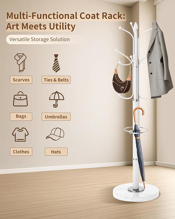 EZIVIEZ Modern Coat Rack Stand, Metal Freestanding Coat Rack with Natural Marble Base, Heavy-Duty Coat Racks with Umbrella Holder,White Coat Hanger Stand with 12 Hooks for Office, Entryway, Hallway