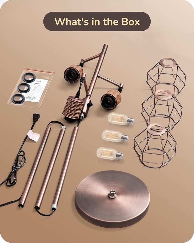 EDISHINE Dimmable Rustic Floor Lamp, Farmhouse Standing Lamp with 3 LED Edison Bulbs, Rattan Design Floor Lamps for Living Room, Bedroom, Reading Corner, Office, Electroplated Brushed Red Copper