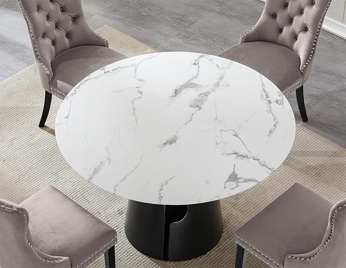 5-Piece Faux Marble Round Dining Table Set for 4, Modern Luxury Kitchen Table Set for 4 with Grey Tufted Chairs,Circle Dining Tables with White Marble Grain Top and Black Pedestal Base