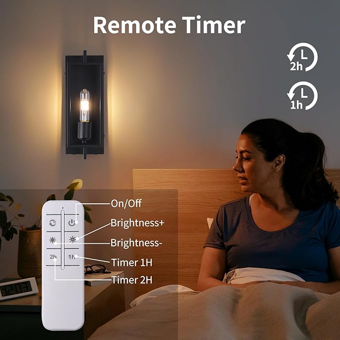 Wireless Battery Operated Wall Sconces Set of 2, Rechargeable Farmhouse Wall Light Fixture with Remote, Industrial Black Wall Lamp dimmable, Modern Indoor Lighting for Bedroom Living Room Hallway