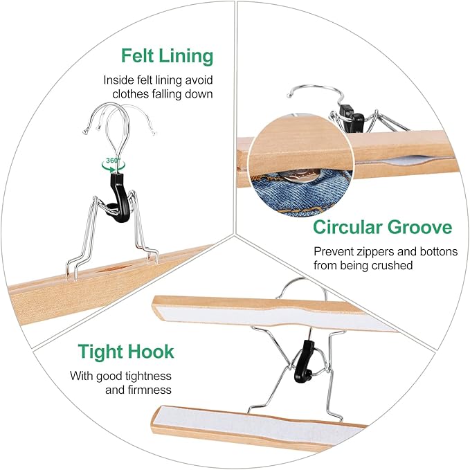 TOPIA HANGER 24 Pack Wooden Pants Hangers, Hair Extension Hangers Non Slip Skirt Hanger Wood Clamp with Velvet Padded 360° Swivel Hook for Jeans, Skirts, Trousers, Wigs Natural CT68N