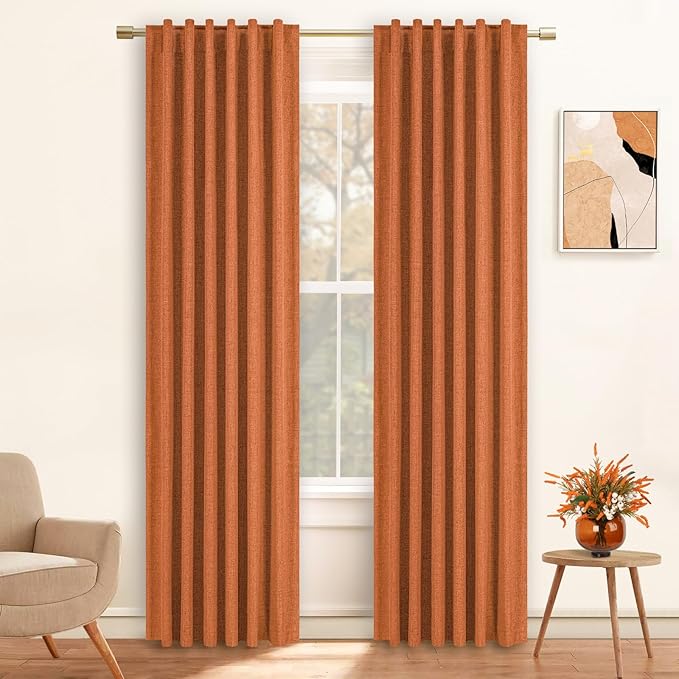 Terracotta Linen Blackout Curtains 84 Inch Length 2 Panels Set for Bedroom Living Room Back Tab Thermal Insulated 100% Black Out Linen Drapes Room Darkening Fall Decor Window Curtains 84 Inches Long