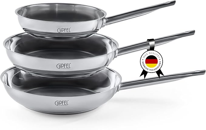 3 Piece Stainless Steel Frying Pan Set 8, 10, 12 Inch - Tri Ply Stainless Steel Skillet Healthy Cookware - Fry Pans for Induction Gas Electric Ceramic Stove & Oven Safe