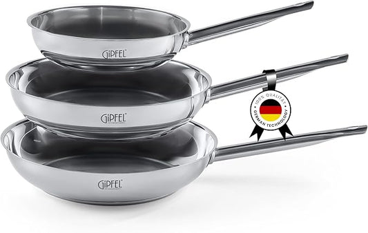 3 Piece Stainless Steel Frying Pan Set 8, 10, 12 Inch - Tri Ply Stainless Steel Skillet Healthy Cookware - Fry Pans for Induction Gas Electric Ceramic Stove & Oven Safe