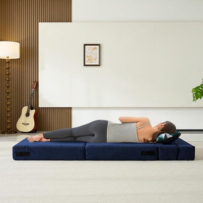 Folding Sofa Bed with Pillow Memory Foam Convertible Sleeper Chair Bed Couch Futon Lazy for Living Room/Home Office/Guest Beds/Apartment/Upstairs Loft,Single Size,Dark Blue