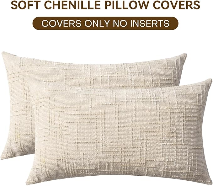Decorative Throw Pillow Covers 12x20 Inch Set of 2, Soft Solid Farmhouse Chenille Couch Pillows, Spring Pillow Covers for Couch Sofa Bed Living Room Home Decor Pillowcase, Cream White