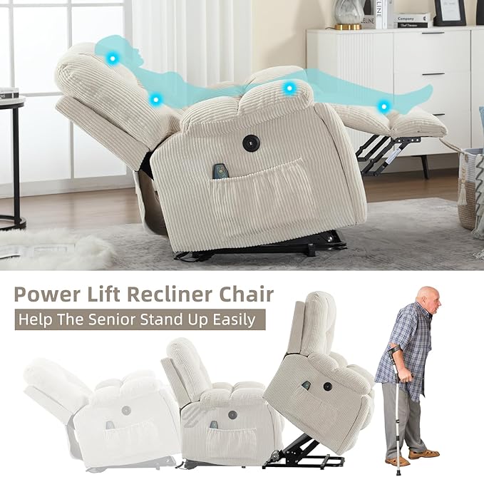 CANMOV Power Lift Recliner Chair with Massage and Heat for Elderly, Overstuffed Wide Recliners, Heavy Duty and Safety Motion Reclining Mechanism with USB Ports, 2 Concealed Cup Holders, Beige
