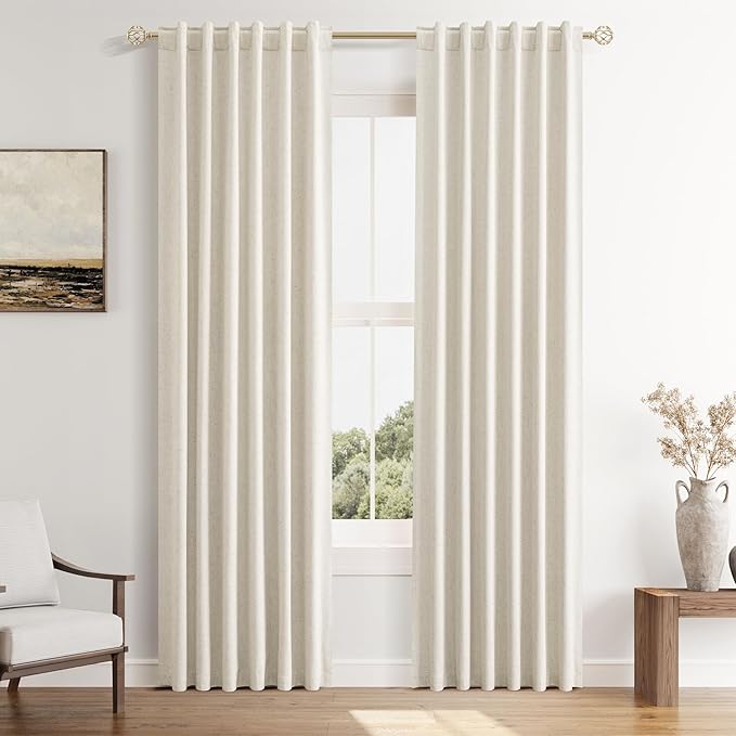 Guken Beige Cream Linen Blackout Curtains 42 Inch Wide by 84 Inch for Living Room Bedroom Back Tab Thermal Insulated 100% Black Out Linen Drapes Room Darkening Window Curtains