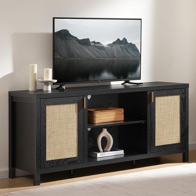 SICOTAS Rattan TV Stand for Living Room - 26" Tall Farmhouse Entertainment Center with Storage and Wicker Door, Media TV Console Cabinet for TVs Up to 65 Inch, Black Oak
