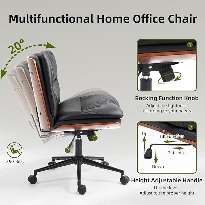 Office Chair, Criss Cross Legged Office Desk Chairs with Wheels, PU Leather Adjustable Swivel Walnut Task Chair with Wide Seat, Ergonomic Mid Back Computer Chair for Meeting Room, Home