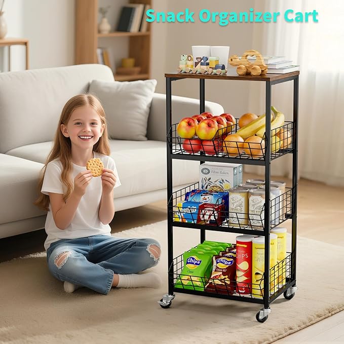HapiRm Kitchen Fruit Vegetable Cart - 4 Tier Rolling Storage Rack with Wheels and Dividers, Coffee Station Cart Rack Shelf Organizer for Onion, Potato, Snack, Fruit, Vegetable Storage Stand, Black