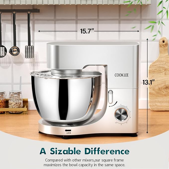 COOKLEE Stand Mixer, 9.5 Qt. 660W 10-Speed Electric Kitchen Mixer with Dishwasher-Safe Dough Hooks, Flat Beaters, Wire Whip & Pouring Shield Attachments for Most Home Cooks, Silver